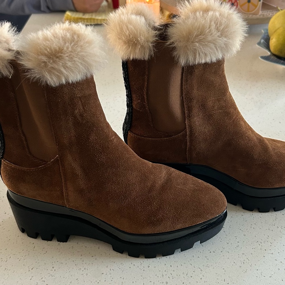 New trendy brown suede fur edged wedge booties